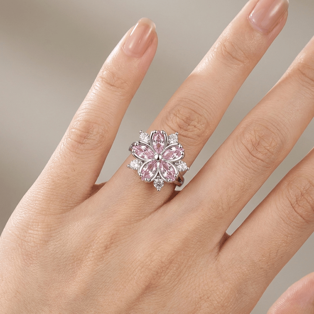 Pink Cherry Blossom Crystal Silver Ring - (Adjustable) by Rose & Oliver - product image 2