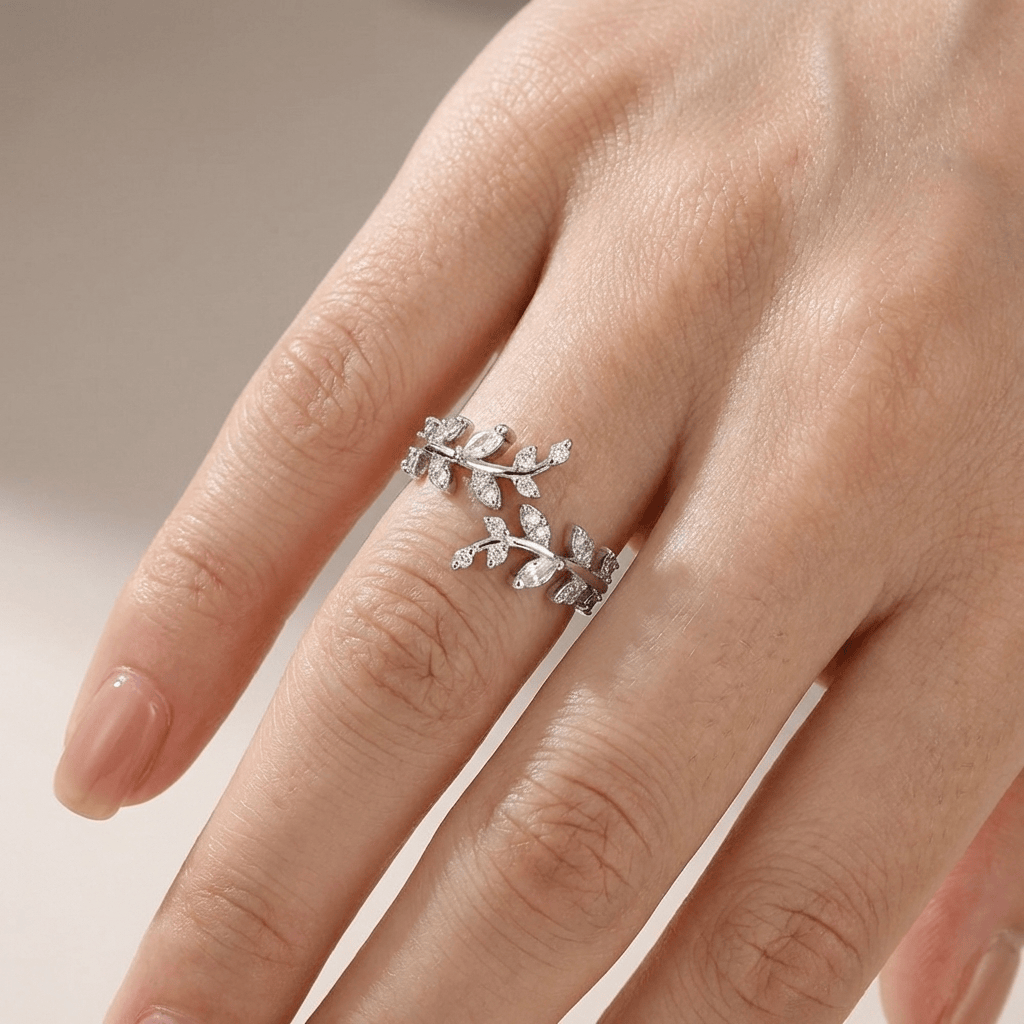 Crystal Leaf Vine Silver Ring - (Adjustable) by Rose & Oliver - product image 2