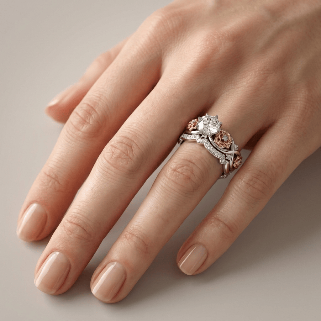 Silver Rose Gold Diamond Floral Ring by Rose & Oliver - product image 2