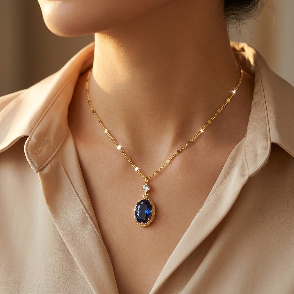 Gold Sapphire Oval Drop Necklace by Rose & Oliver - product image 2