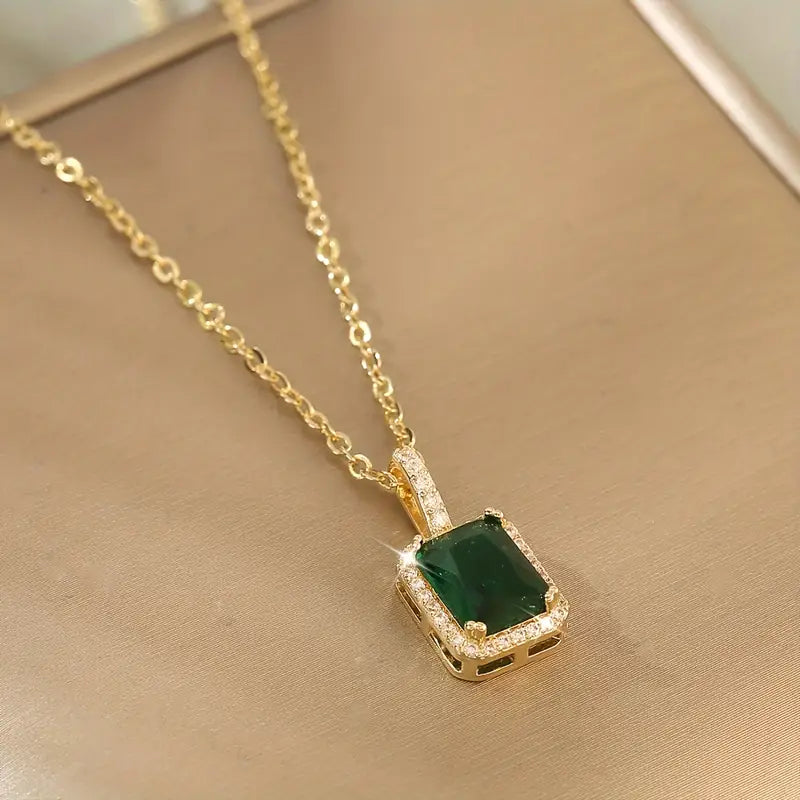 Gold Emerald Rectangular Halo Necklace by Rose & Oliver - product image 2